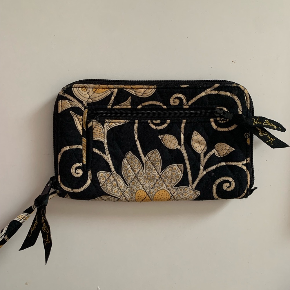 Vera Bradley Black Floral Zip Around Wallet with Cream and Yellow Accents